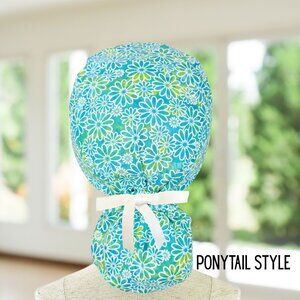 Daisy Delight ~  Ponytail Scrub Cap, Nurse Cap, Scrub Hat, OR, CNA, MD, Gift.